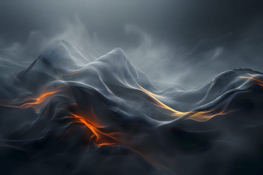 A landscape painting depicting a mountain range with smoke billowing out of it under a dusk sky. The stormy clouds create a dramatic horizon