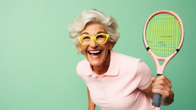 Happy elderly woman in stylish sportswear holding a tennis racket on a green background. Positive retired female tennis player posing after a game or practice, showcasing a healthy lifestyle.