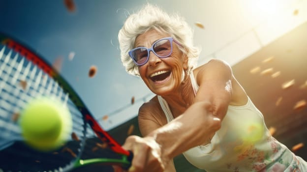 An elderly woman in her 60s plays tennis on a sunny day, wearing sunglasses and a joyful smile. The blurred tennis court and trees create a cheerful background for her active lifestyle.