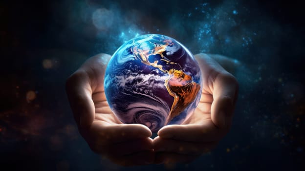 A stunning high resolution 3D rendering shows the planet Earth held in human hands, set against a dark blue background filled with stars and a vibrant nebula. Elements provided by NASA.