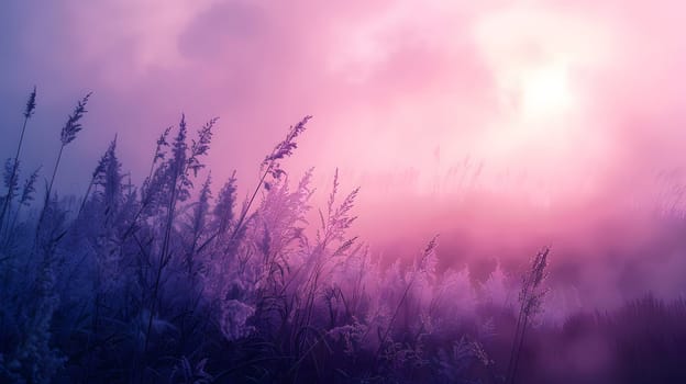 The purple sky contrasts beautifully with the lush violet grass in the natural landscape, as the sun peeks through the clouds over the field