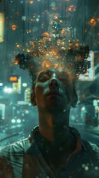 The surreal artwork features a man with an exploding head in a futuristic cityscape