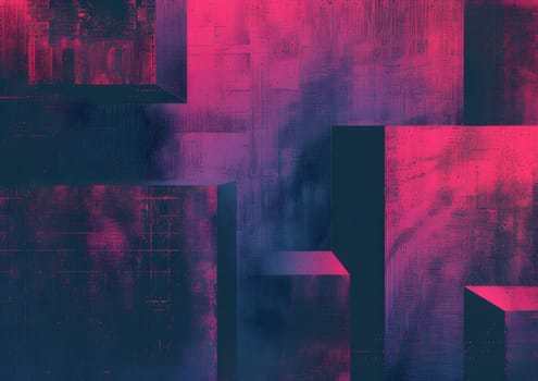 Abstract geometric blocks with neon pink and blue colors, dark grunge textures