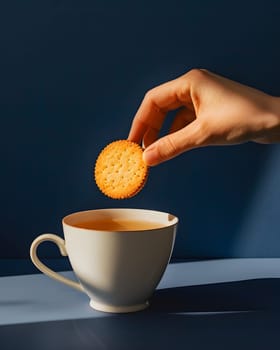 Hand dipping a biscuit into a cup of tea, minimalist style, moody lighting