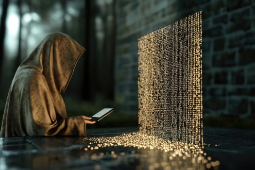 Digital shadow: hacker breaking binary code, incognito in hoodie, expertly navigating depths of cyberspace to expose vulnerabilities, reveal hidden truths within complex world of technology