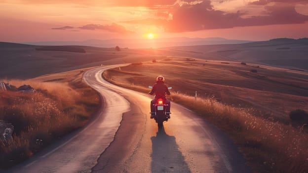 Motorcyclist rides on a scenic road at sunset, beautiful landscape view