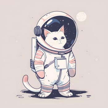An adorable cat in an astronaut suit stands on the moon in a spacethemed illustration