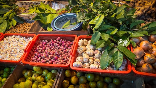 colorful assortment of kitchen fresh produce, herbs and spices featuring limes, onions, ginger, and lemons, enhanced by digital display technology, perfect for markets or healthy lifestyle concepts