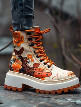 Chic boot with orange floral, fish design, rugged soles, perfect for street style