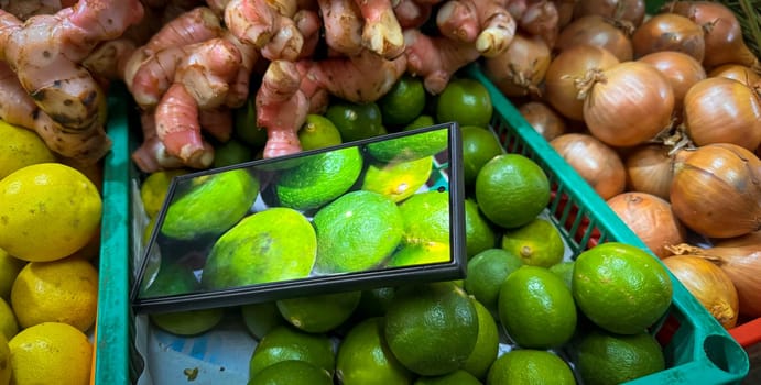 colorful assortment of kitchen fresh produce, herbs and spices featuring limes, onions, ginger, and lemons, enhanced by digital display technology, perfect for markets or healthy lifestyle concepts