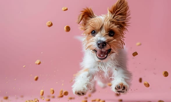 A Terrier dog is leaping in the air with food scattered around it, showcasing its carnivorous nature as a companion and toy breed