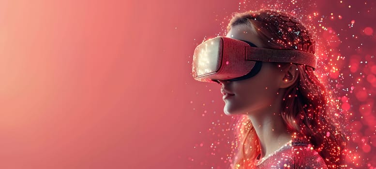 A woman is immersed in virtual reality experience while wearing a magenta virtual reality headset, enjoying a music artists performance in a virtual event