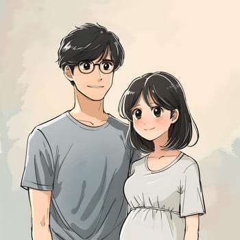 A cartoon man with a stylish hairstyle stands next to a pregnant woman, both with smiles on their faces. They have prominent chins and noses, and the man has his arm around the womans waist