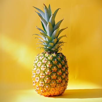 A pineapple, also known as Ananas, is a fruit that belongs to the plant family of Arecales. It is a natural food ingredient, sitting on a yellow surface