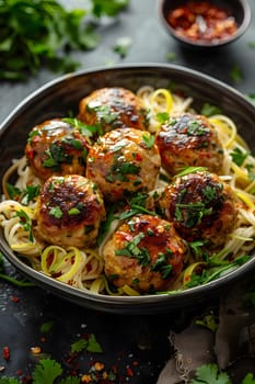 A dish of meatballs and noodles, a fusion of cuisine and produce, served on a table as a delicious finger food option with plantbased ingredients