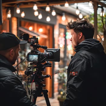 Two filmmakers on set with professional camera equipment shooting a scene.