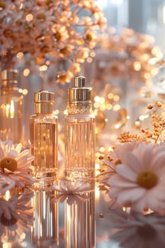 Elegant perfume bottles displayed with delicate flowers in soft lighting