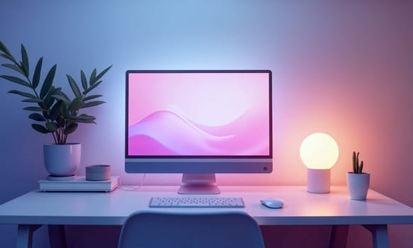 A sleek desk setup features a computer with a vibrant screen, potted plants, and a tranquil glowing lamp in a softly lit room - Generative AI