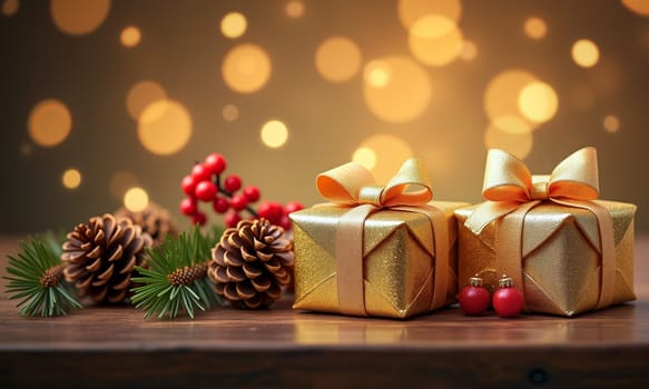 Two golden wrapped gifts with bows sit next to pinecones and red berries, creating a cozy holiday atmosphere with bokeh lights - Generative AI
