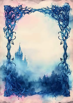 Enchanted castle in misty forest surrounded by an intricate blue frame