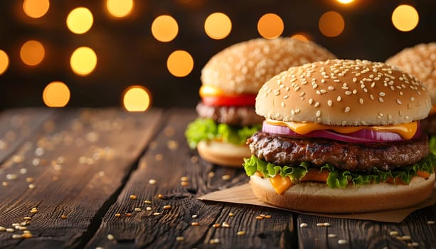 Three hamburgers made with buns, patties, and toppings are displayed on a wooden table. This staple food is a popular fast food item in many cuisines