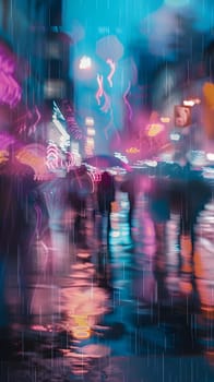 The image depicts a rainy city night with blurred lights and people walking around