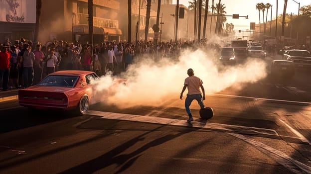 Pink muscle car revs its engine, creating smoke as a crowd cheers at an event. The vibrant sunset adds excitement to this dynamic scene of automotive passion in california's urban streets