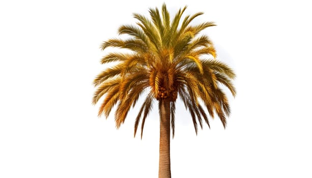 A solitary palm tree stands tall and proud against a stark white background, showcasing its natural beauty and elegance. The simplicity of the setting allows the palm tree to shine and exude a sense of tranquility.