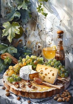 A still life painting featuring a spread of ParmigianoReggiano cheese, fresh grapes, honey, and nuts on a rustic wooden cutting board, showcasing a delightful mix of food ingredients