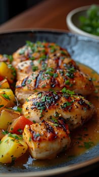 Juicy grilled chicken with roasted potatoes and rich herb sauce, garnished with parsley