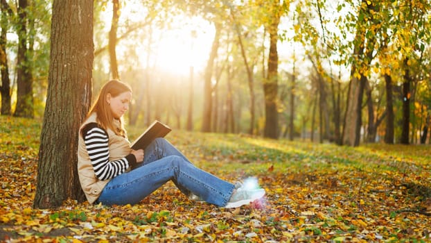A woman sitting on the ground, leaning against a tree and reading a book in a park filled with fallen autumn leaves. Sunlight filters through the trees, adding a warm glow.