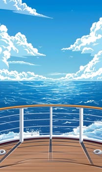 Serene ocean view from a ship deck with blue skies and fluffy white clouds