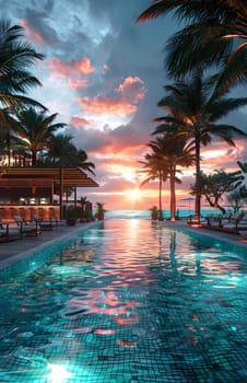 A beautiful scene of a large swimming pool surrounded by palm trees at sunset, with the sky painted in hues of orange and pink reflecting in the water