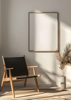 An interior design featuring a hardwood chair and a picture frame on the wall. The room is decorated with tints and shades, a plant, and comfortable hardwood flooring