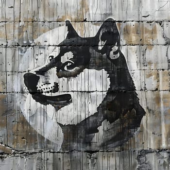 A dogs head is depicted in graffiti on a concrete wall, showcasing artistic gesture and visual arts through painting on bricks in a mural