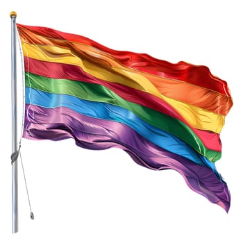 A rectangle Flag with tints of Magenta and Electric blue is waving in the wind, attached to a Pole with dye painted on its sleeve