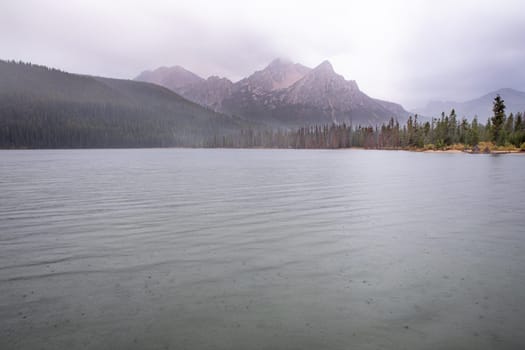 A tranquil mountain lake surrounded by mist-covered forests and towering peaks in a serene, overcast atmosphere, showcasing the untouched beauty of nature.