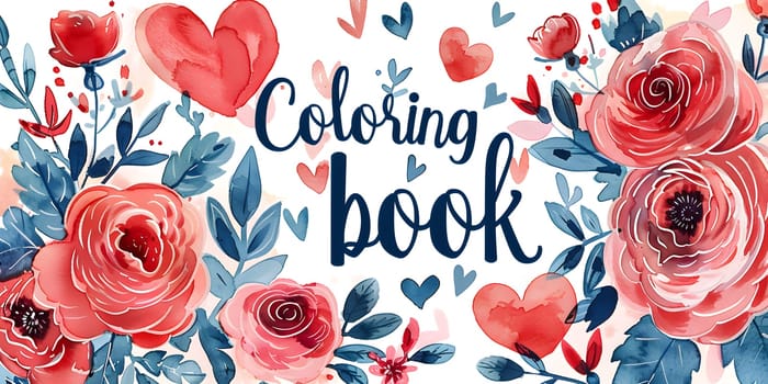 Explore a coloring book filled with beautiful red and blue flowers, hearts, and intricate designs. Let your creativity bloom with vibrant rose petals and stunning plant organisms