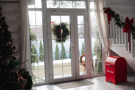 Stylish Christmas tree, New Year's interior, beautiful decor in the house.