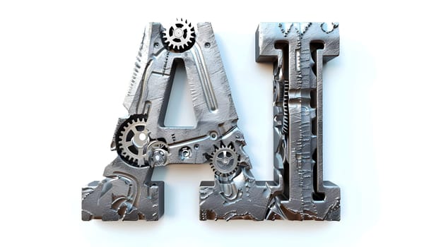 Metallic gears form the AI letters, blending automation, design, and technology