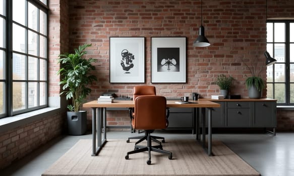 A modern office space showcases a wooden desk and a leather office chair. Brick walls are adorned with artwork, complemented by plants near the windows - Generative AI