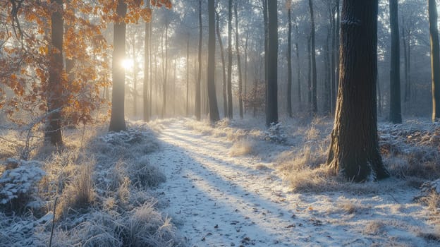 Winter wonderland landscape with frost-covered trees at sunrise.