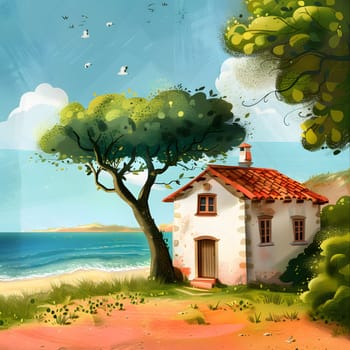 Charming house near ocean, surrounded by nature, sunny day, peaceful scenery