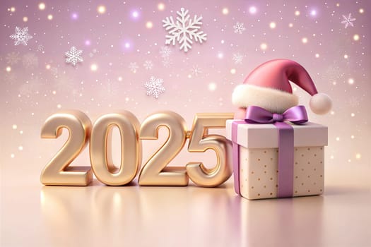 Christmas holiday background, Gold Merry Christmas 2025 poster design, gift and Santa's hat. New Year's greeting card. Ai generated