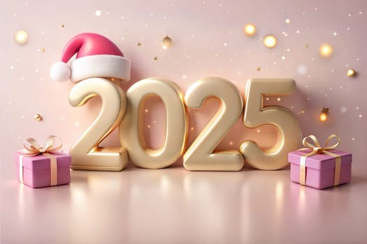 Christmas holiday background, Gold Merry Christmas 2025 poster design, gift and Santa's hat. New Year's greeting card. Ai generated