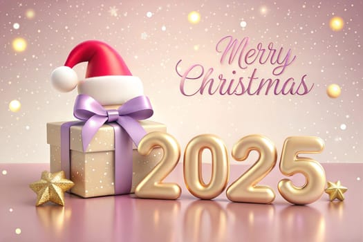 Christmas holiday background, Gold Merry Christmas 2025 poster design, gift and Santa's hat. New Year's greeting card. Ai generated