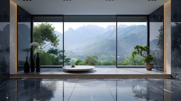 A minimalist room features panoramic mountain views, sleek design and greenery.
