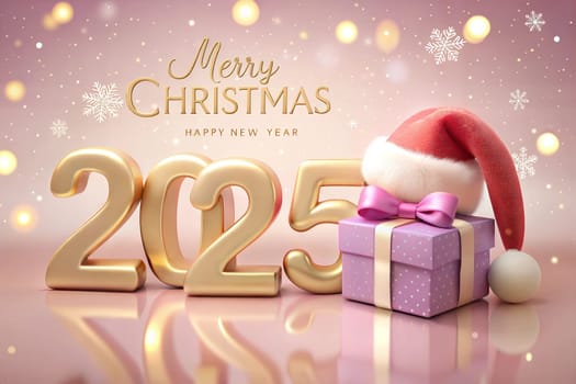 Christmas holiday background, Gold Merry Christmas 2025 poster design, gift and Santa's hat. New Year's greeting card. Ai generated