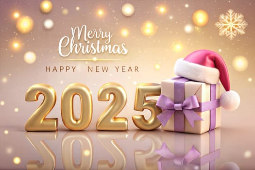Christmas holiday background, Gold Merry Christmas 2025 poster design, gift and Santa's hat. New Year's greeting card. Ai generated