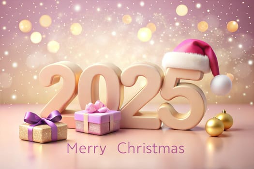 Christmas holiday background, Gold Merry Christmas 2025 poster design, gift and Santa's hat. New Year's greeting card. Ai generated